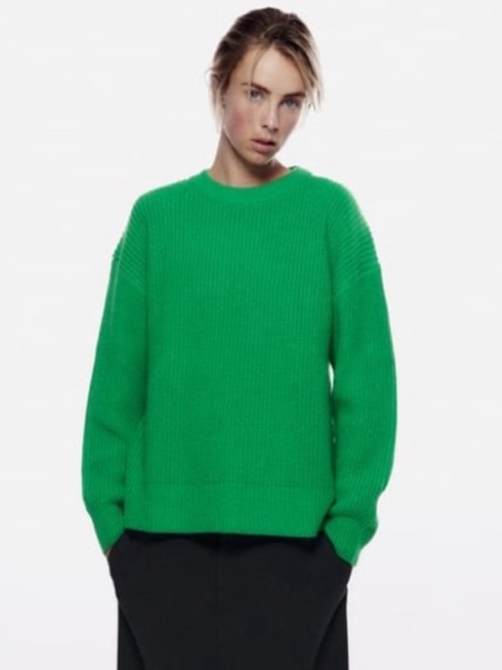 Zara Ribbed Knit Sweater Pullover Oversized Kelly Green Crew Neck Small